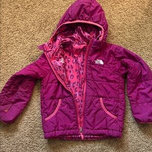 The North Face 4t Fuchsia Hooded Puffer Jacket with Leopard Lining- reversible